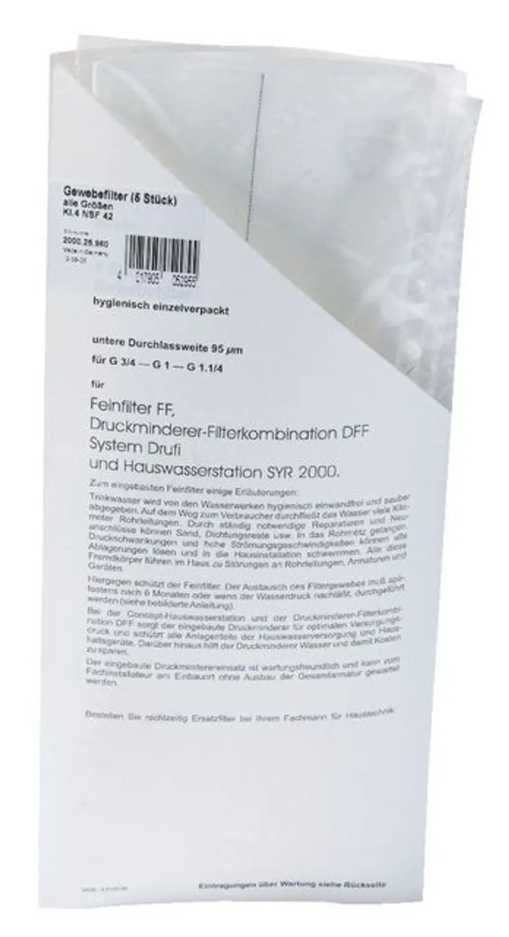 SYR Filterkarton mit Gewebefiltern, hygienisch einzeln verpackt, enthält 6 Stück, geeignet für Druckminderer-Filterkombinationen.